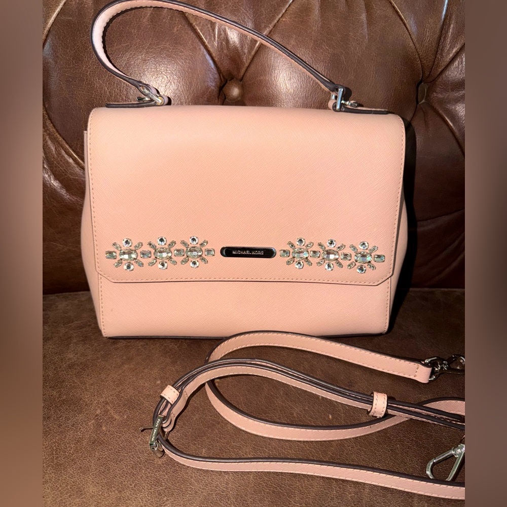 Michael Kors Embellished Leather Top Handle Bag Blush Pink Crossbody